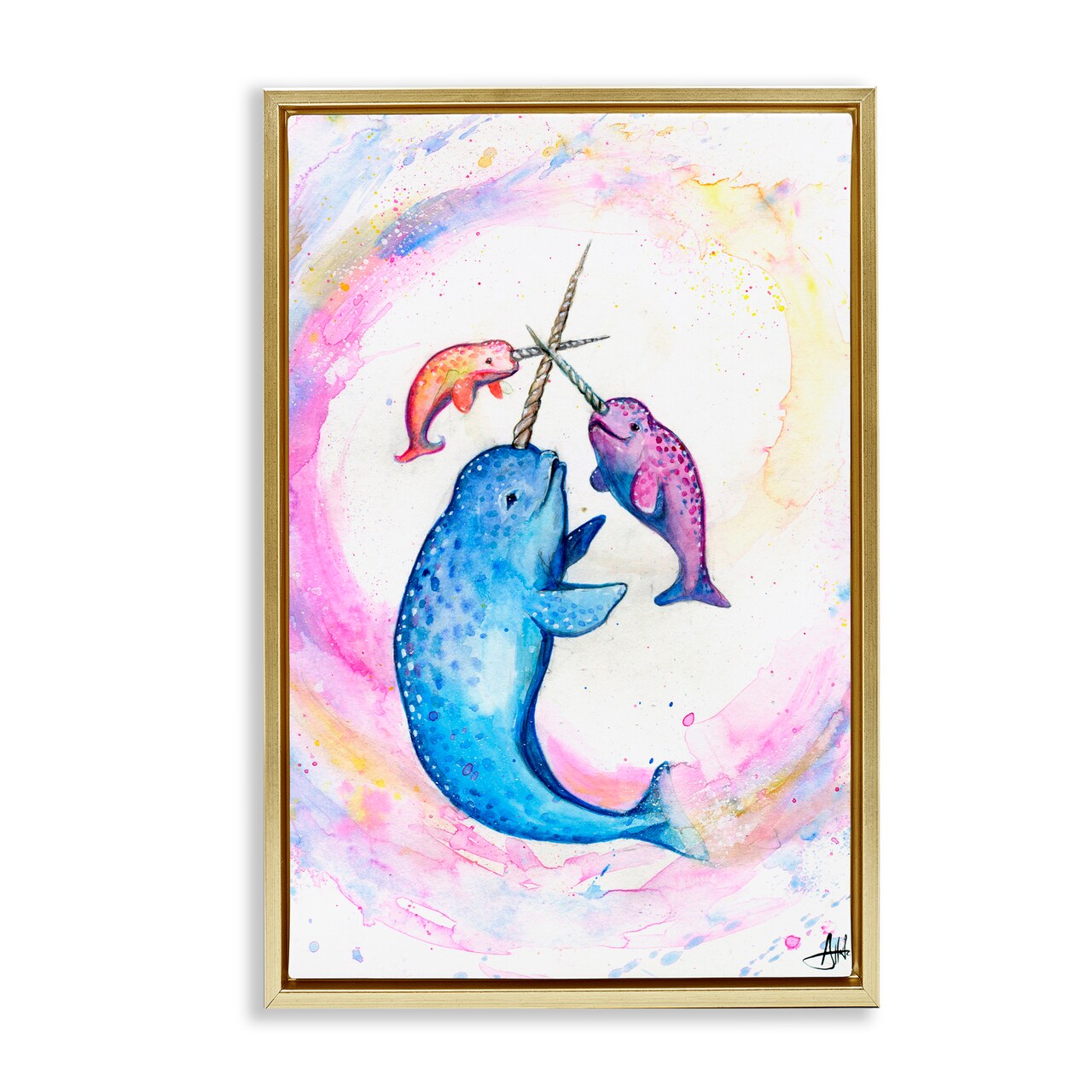 Stupell Industries Three Narwhals in Pastels Floating Frame, design by Marc Allante